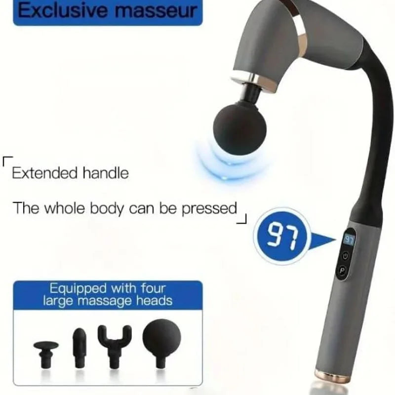 Long Handle Fascial Gun Massager | Model: BLD-339 | Rechargeable Massage Gun with 4 Interchangeable Heads | Full Body Muscle Relaxation